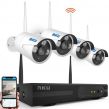 Kit supraveghere video AKU wireless 4 camere IP CLEAR HD + NVR 4 canale H264 interior exterior carcase metalice cu infrarosu 25m iesire internet cu vizualizare pe telefon mobil tableta si desktop